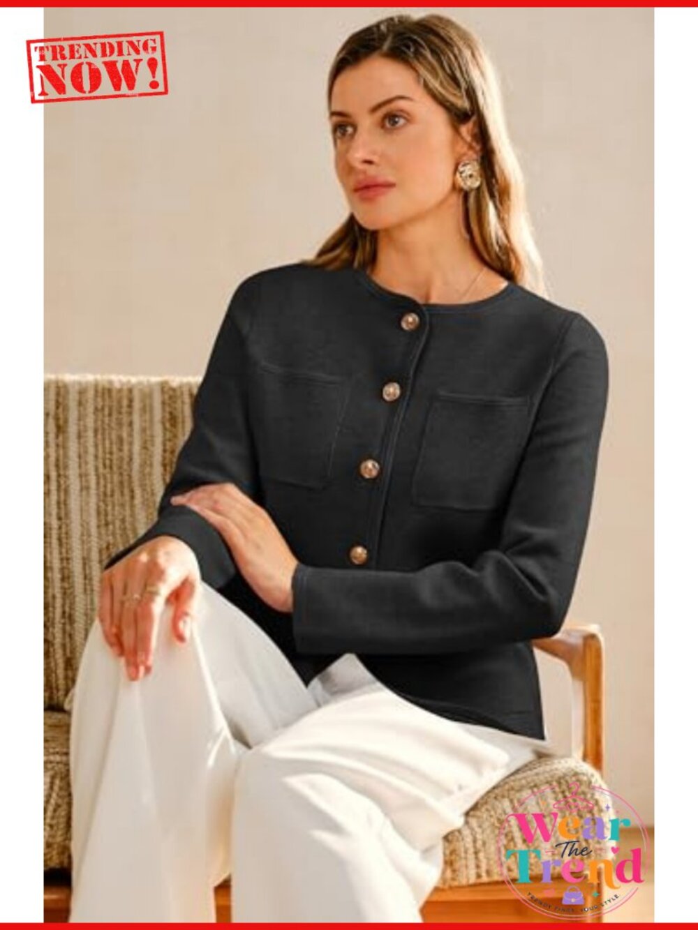 Wool Blend Collarless Sweater Blazer Business Casual Cardigan - Picture 4 of 6